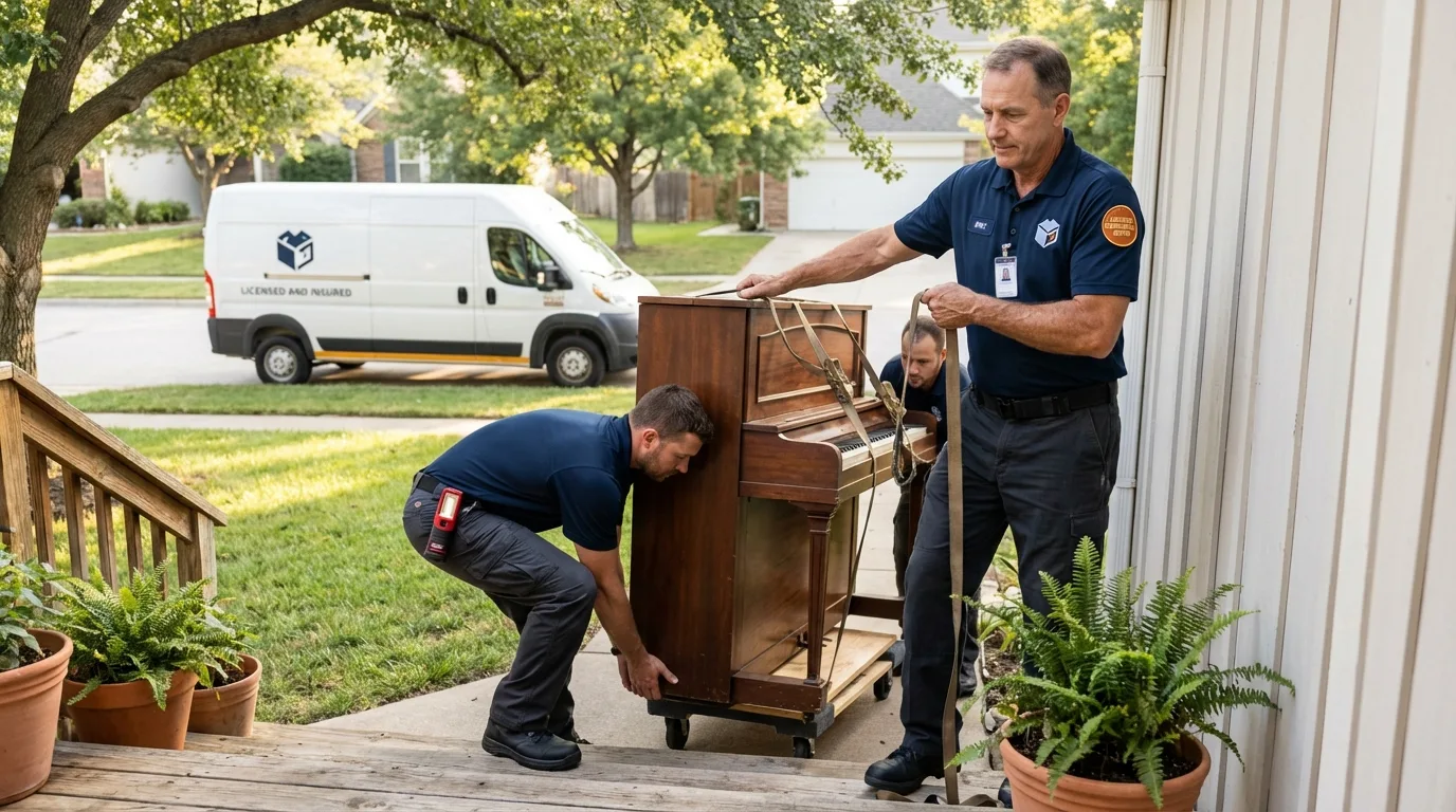 Licensed piano movers securing grand piano in Wisconsin Rapids, WI